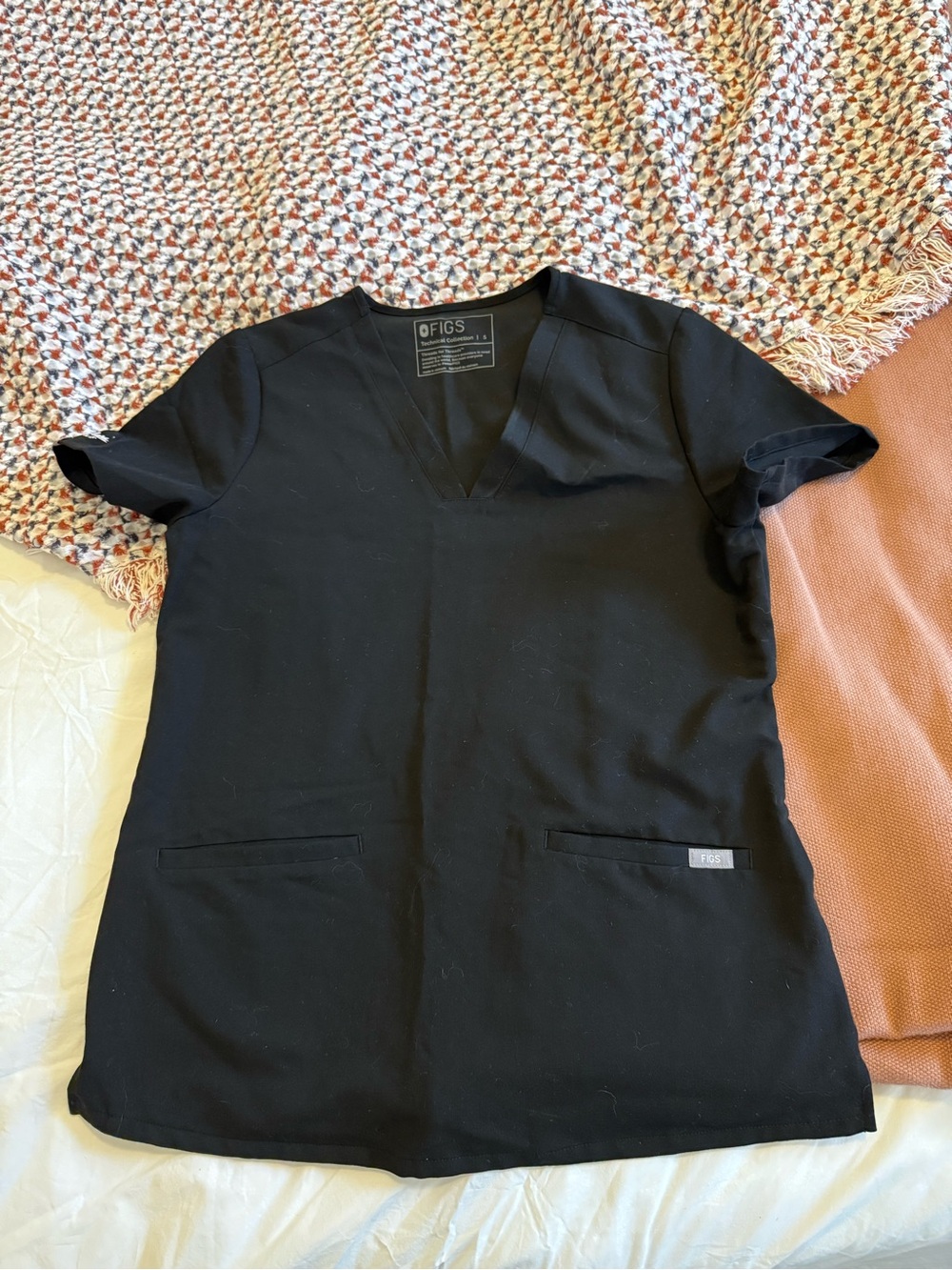 Figs Black V-Neck Scrub Top with Subtle Logo